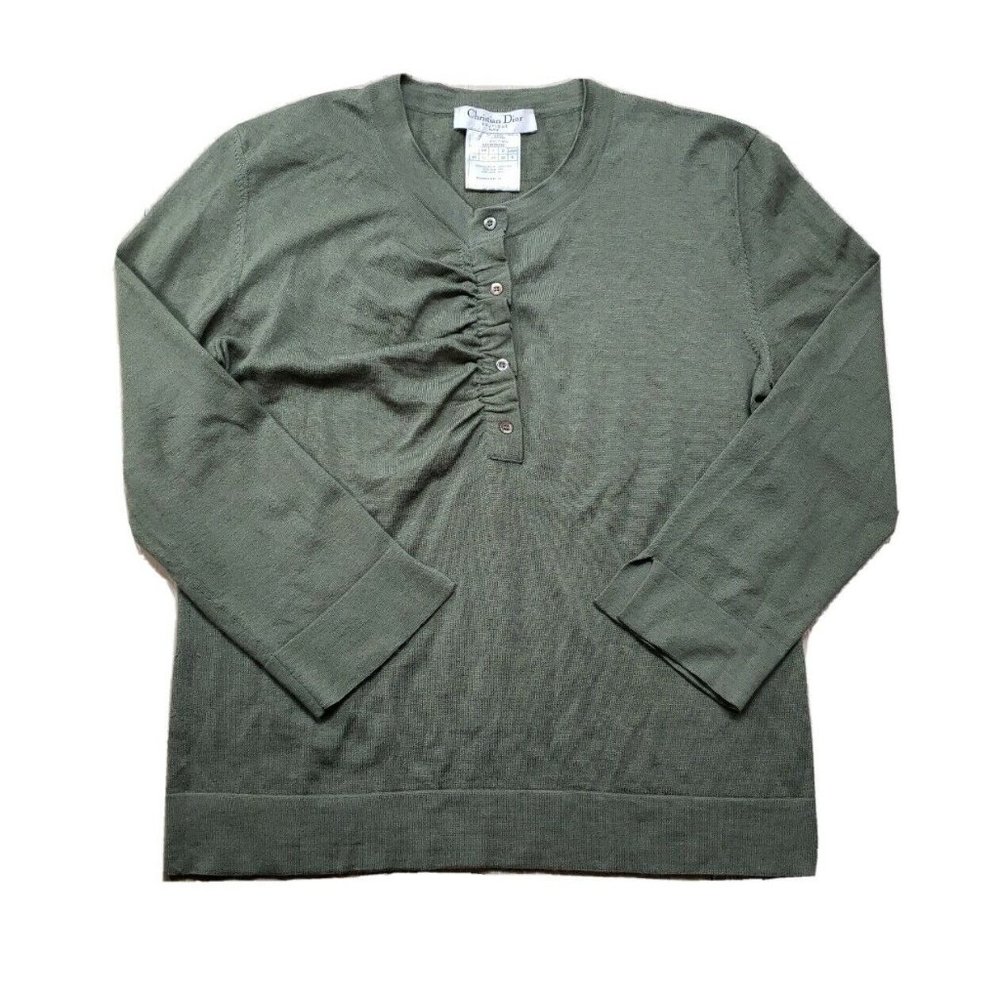 Christian Dior Olive Green Thin Knit Sweater 8 US Medium Cashmere Silk Wool